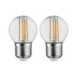 Zwei klare LED-Glühbirnen mit sichtbaren gelben Filamenten und silbernem Sockel für energiesparende Beleuchtung