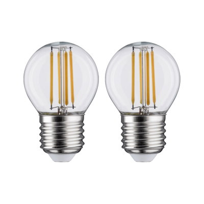 Zwei klare LED-Glühbirnen mit sichtbaren gelben Filamenten und silbernem Sockel für energiesparende Beleuchtung