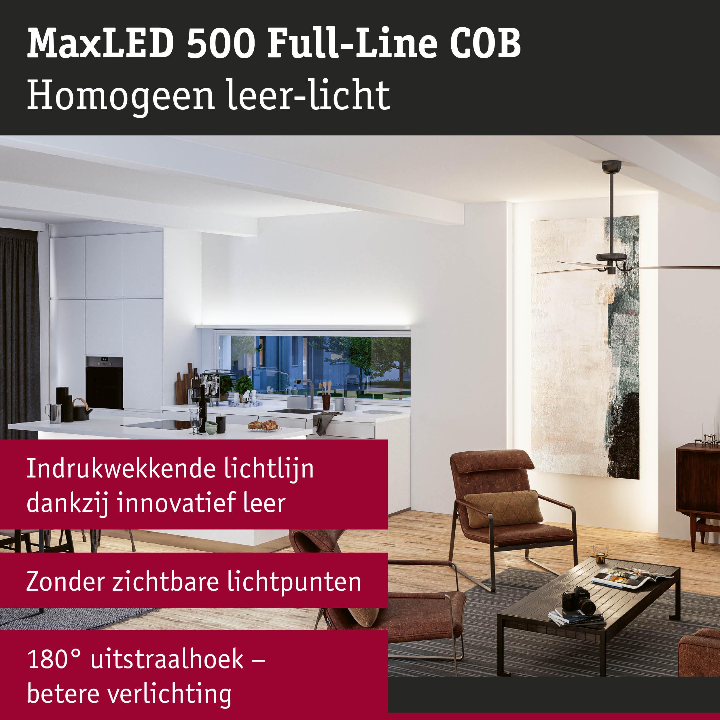 Moderne keuken en woonkamer met MaxLED 500 Full-Line COB LED-lichtlijn voor gelijkmatige verlichting zonder zichtbare lichtpunten