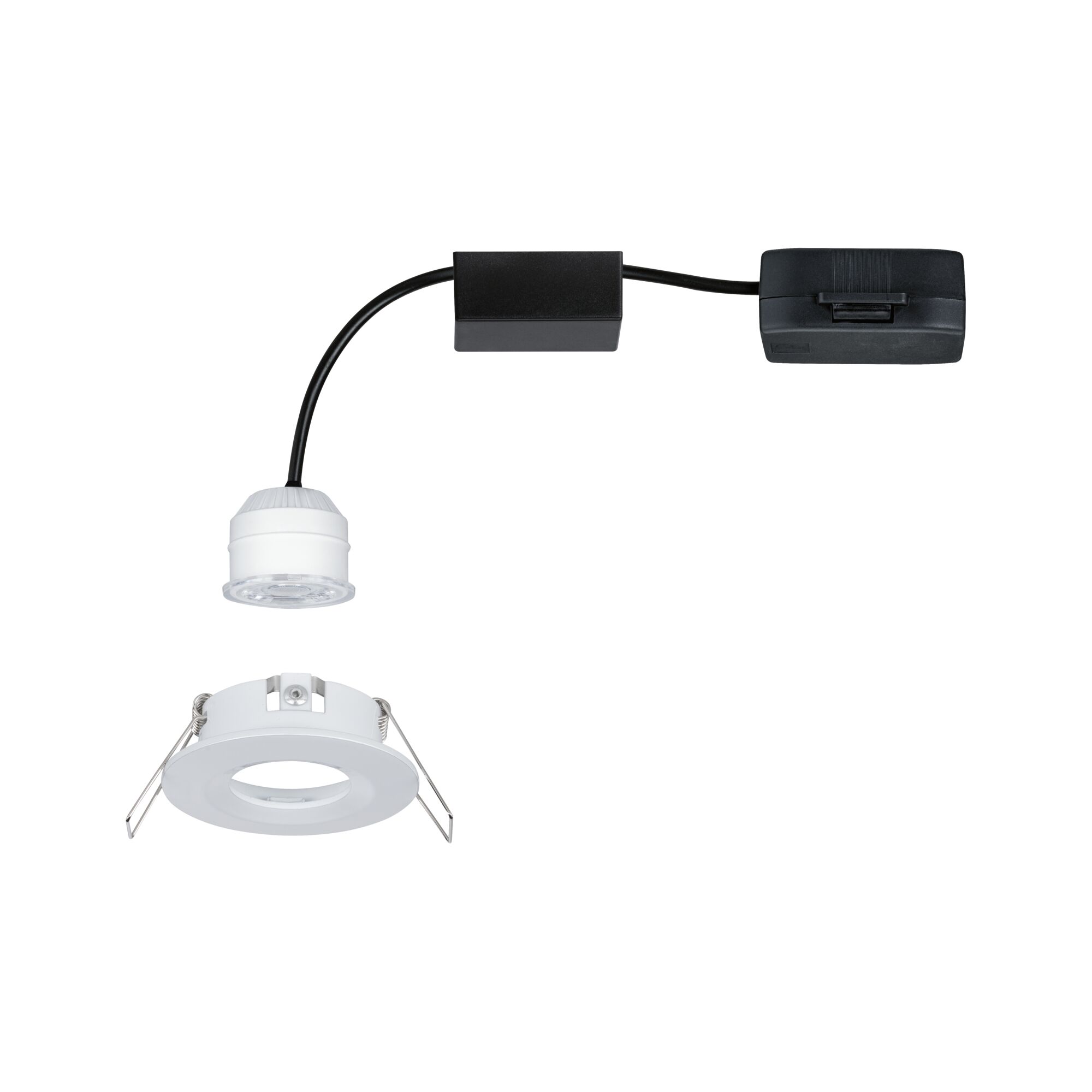Hvid LED-indbygningsspot med sort kabel og driver til energieffektiv rumbelysning