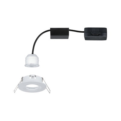Hvid LED-indbygningsspot med sort kabel og driver til energieffektiv rumbelysning