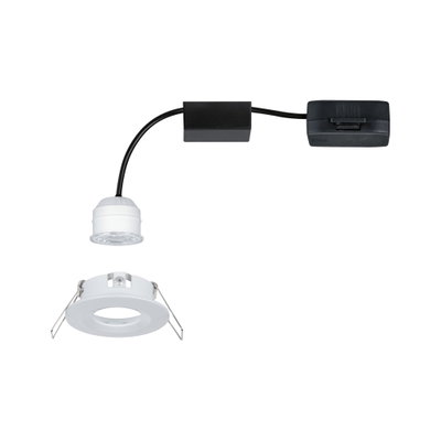 Hvid LED-indbygningsspot med sort kabel og driver til energieffektiv rumbelysning