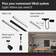 Modular URail track system with black and white rails, connectors, and pendant lights for customizable lighting