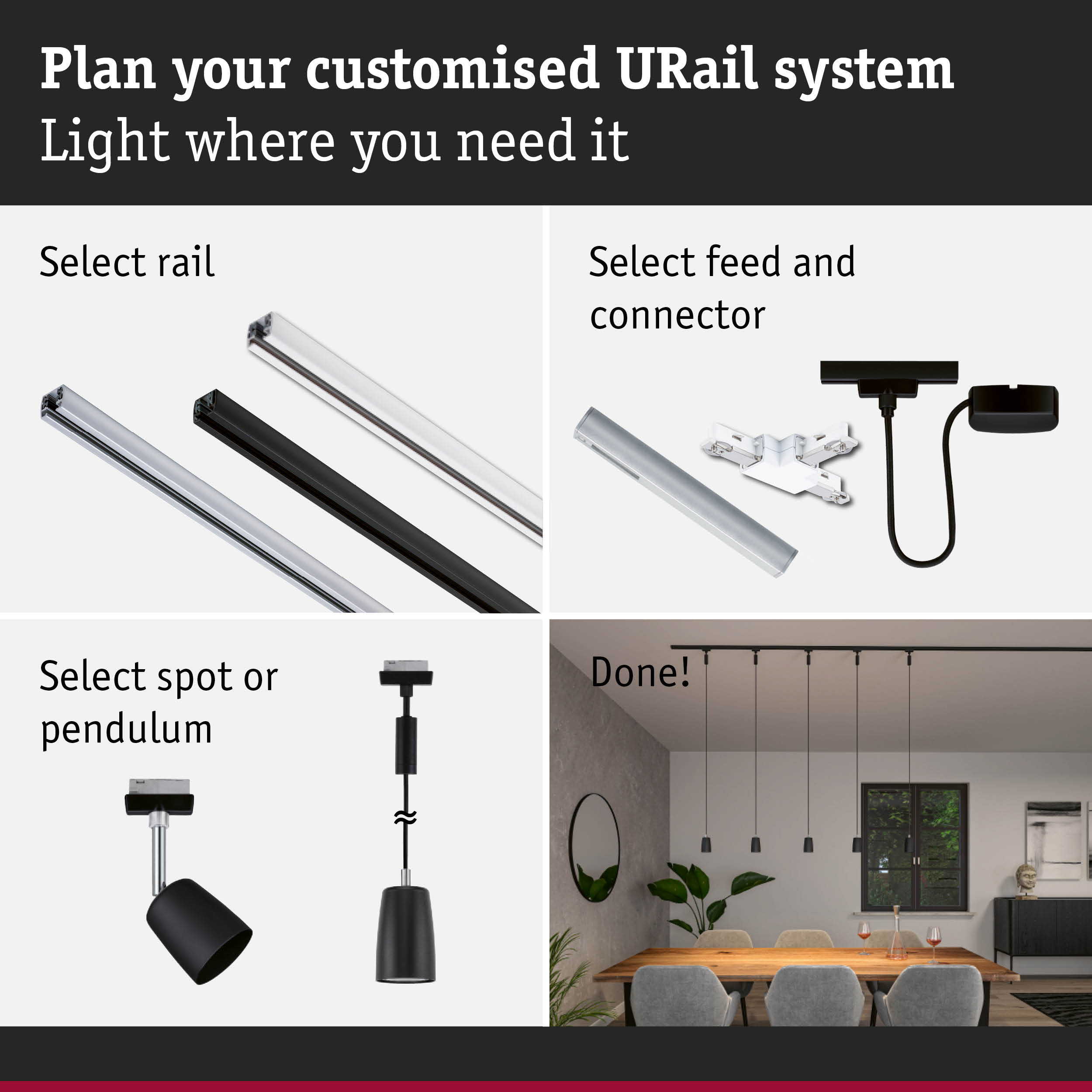 Modular URail track system with black and white rails, connectors, and pendant lights for customizable lighting