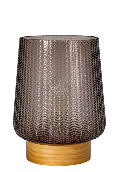 Glazen windlicht met patroon in rookgrijs op lichte houten voet, decoratief woonaccessoire