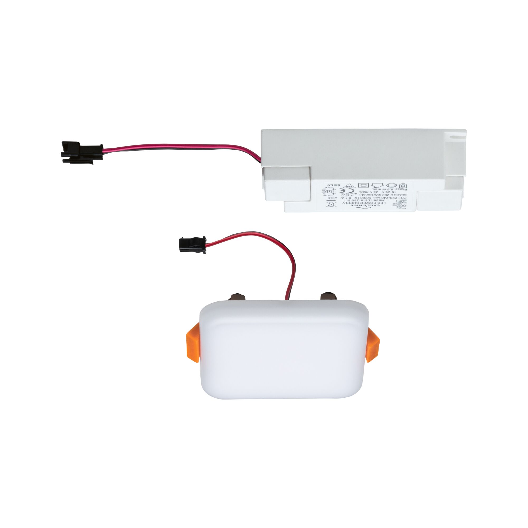 Wit LED-inbouwlichtmodule met oranje clips en witte aansluitkabel voor binnenverlichting