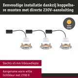 Drie LED inbouwspots met houten ring en 230V aansluiting, warm wit licht 2700K, 45 mm inbouwdiepte