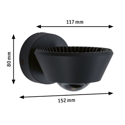 Zwarte metalen wandlamp met bolvormig glas, afmetingen 152x117x80 mm voor binnenverlichting