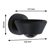 Black metal wall light with spherical glass, dimensions 117x80x152 mm for indoor lighting