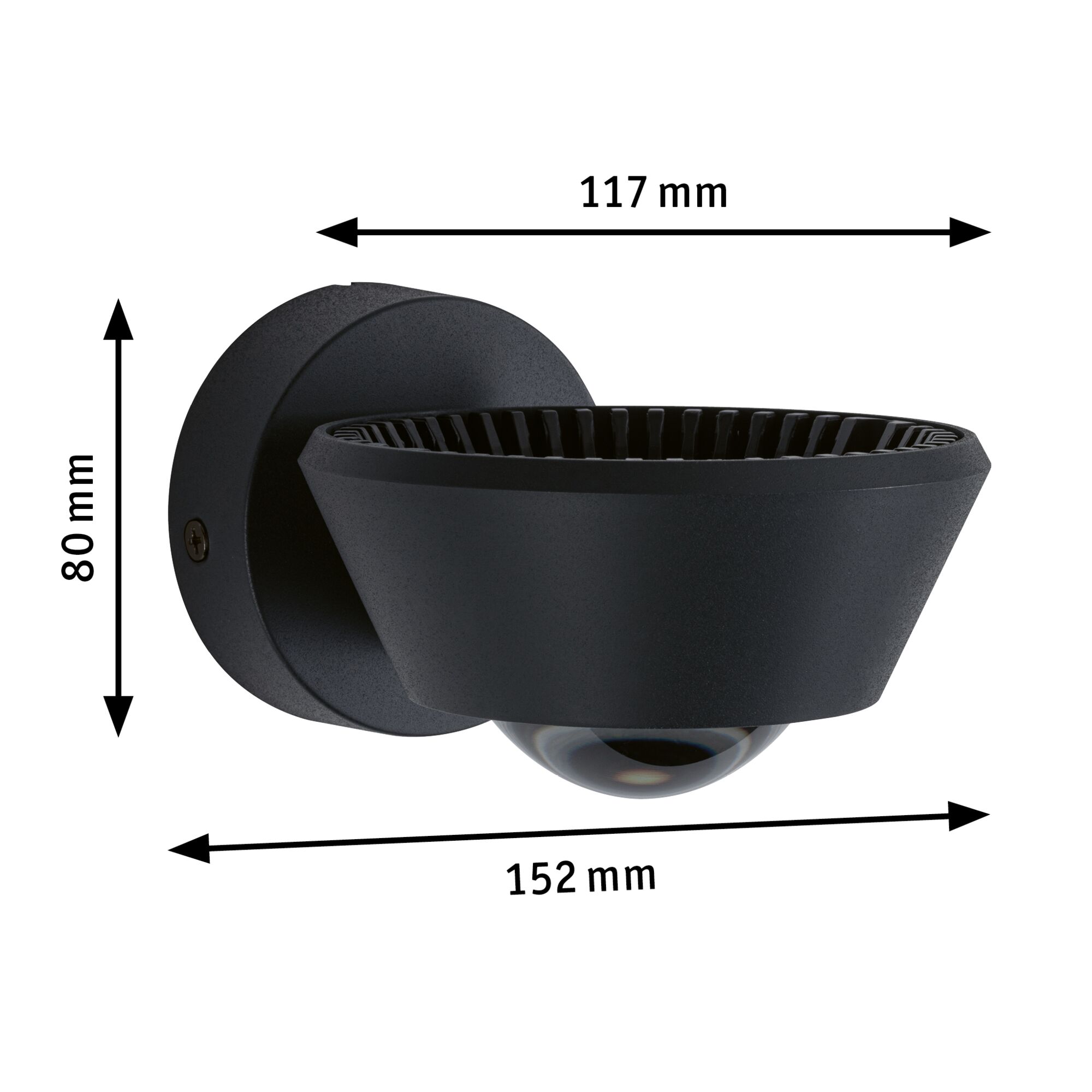 Black metal wall light with spherical glass, dimensions 117x80x152 mm for indoor lighting