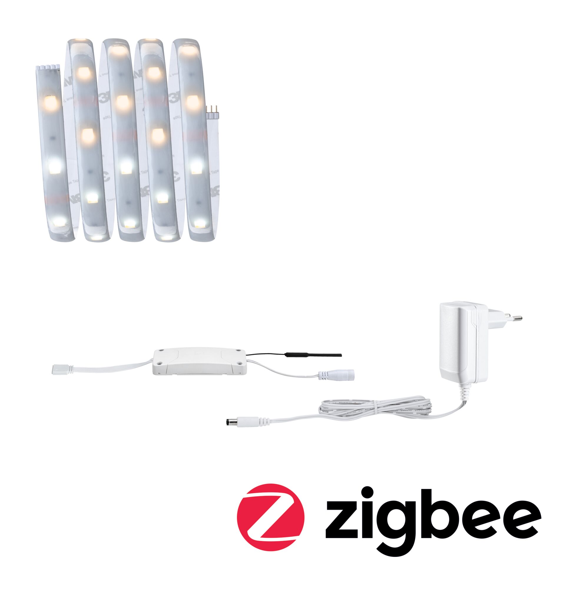 Hvid LED-strimmel med strømforsyning og controller, kompatibel med Zigbee smart home systemer.