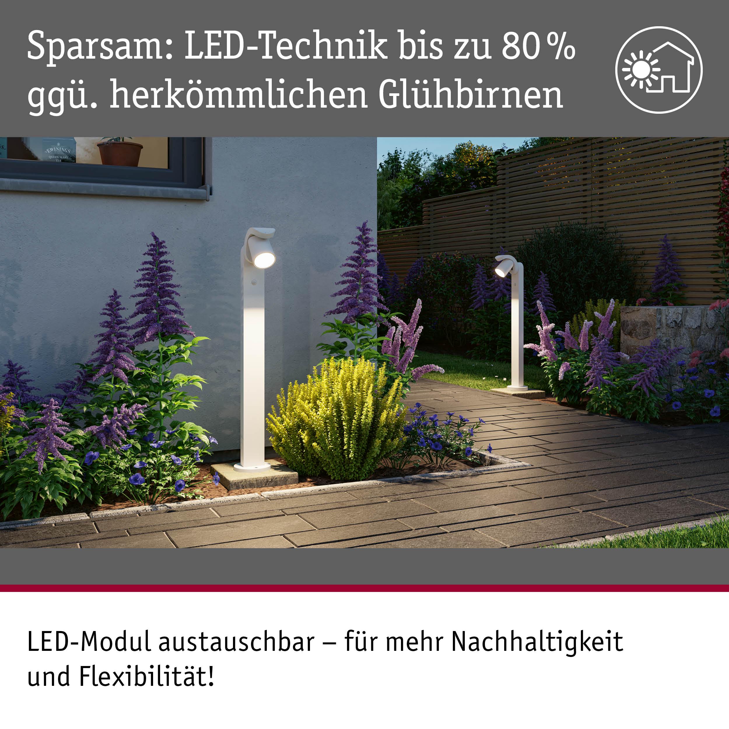 Weiße LED-Außenleuchten mit austauschbarem Modul beleuchten Gartenweg mit lila und gelben Pflanzen