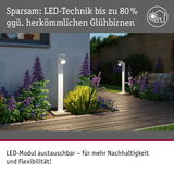 Weiße LED-Außenleuchten mit austauschbarem Modul beleuchten Gartenweg mit lila und gelben Pflanzen