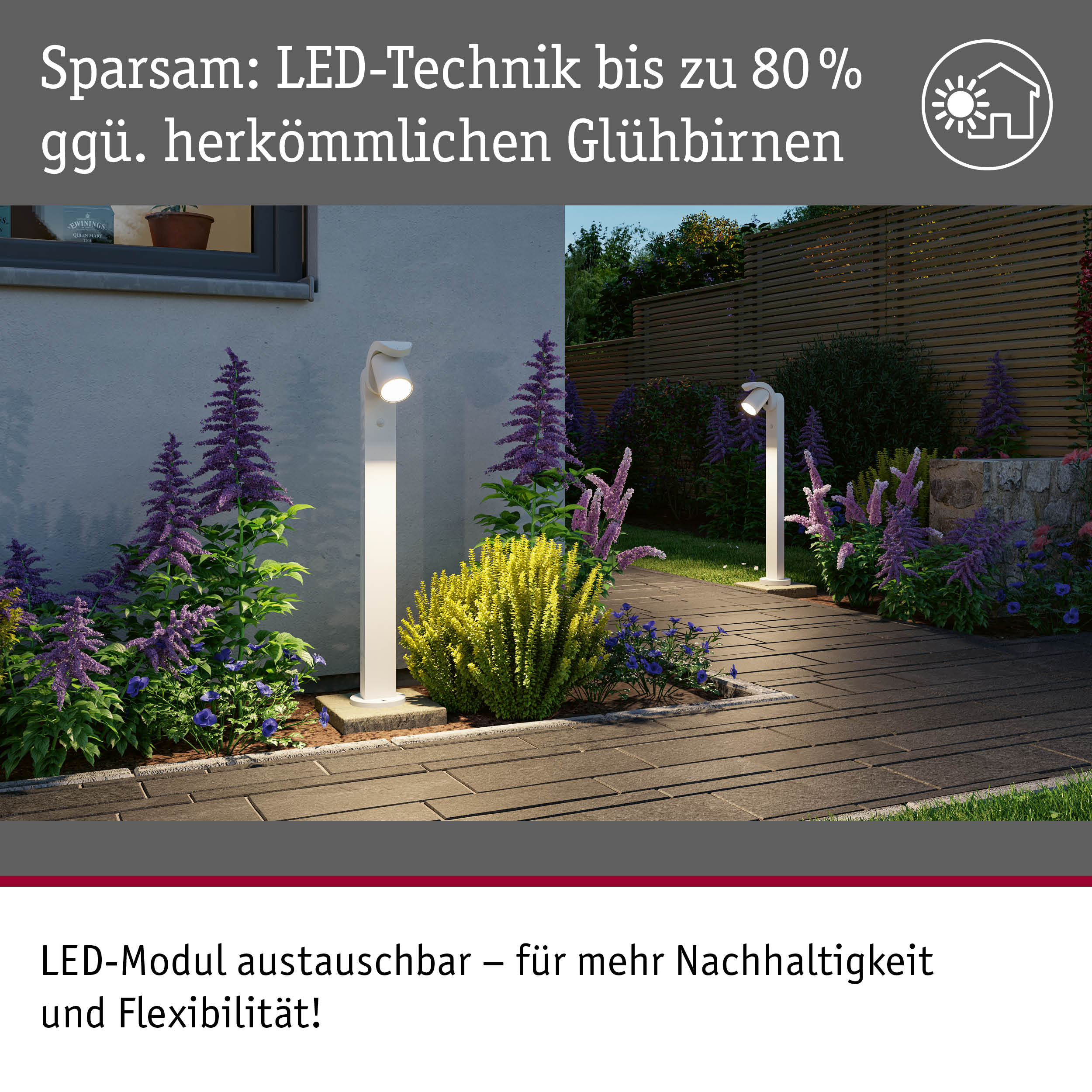 Weiße LED-Außenleuchten im Garten mit energiesparender Technik und moderner Beleuchtung
