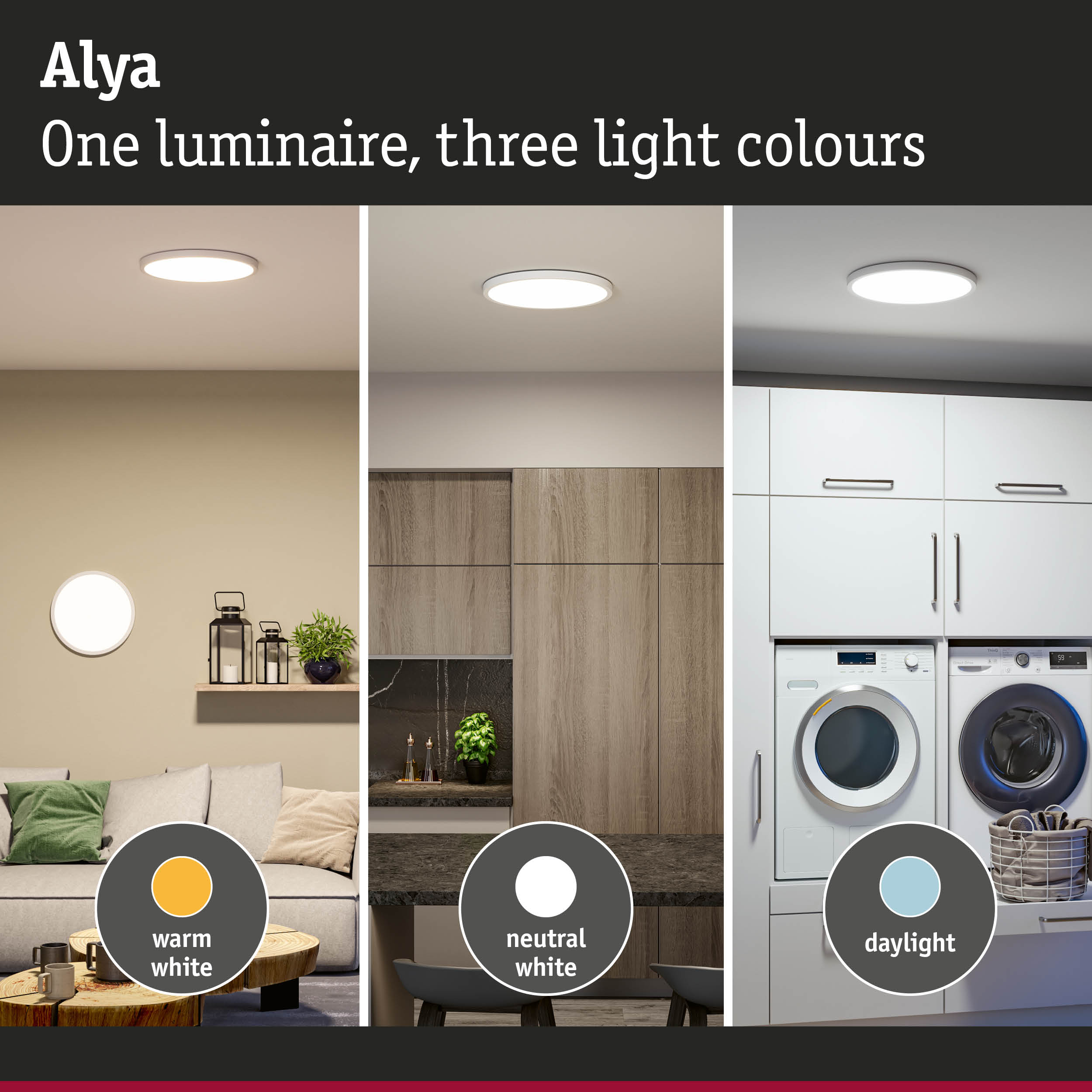Alya ceiling light with three light colours warm white, neutral white and daylight for living spaces