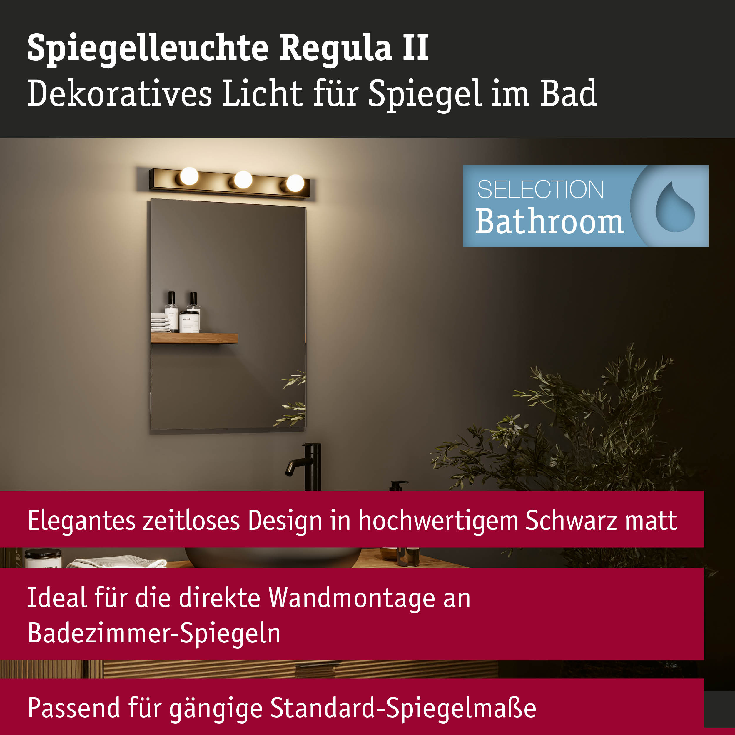 Set Spiegelleuchte Regula II inkl. Leuchtmittel 3-flammig IP44 E14 2700K 3x470lm 230V 3x4,5W dimmbar Schwarz/Opal