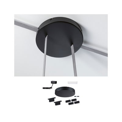 Black round metal ceiling mount with grey cables and mounting accessories for LED lighting.