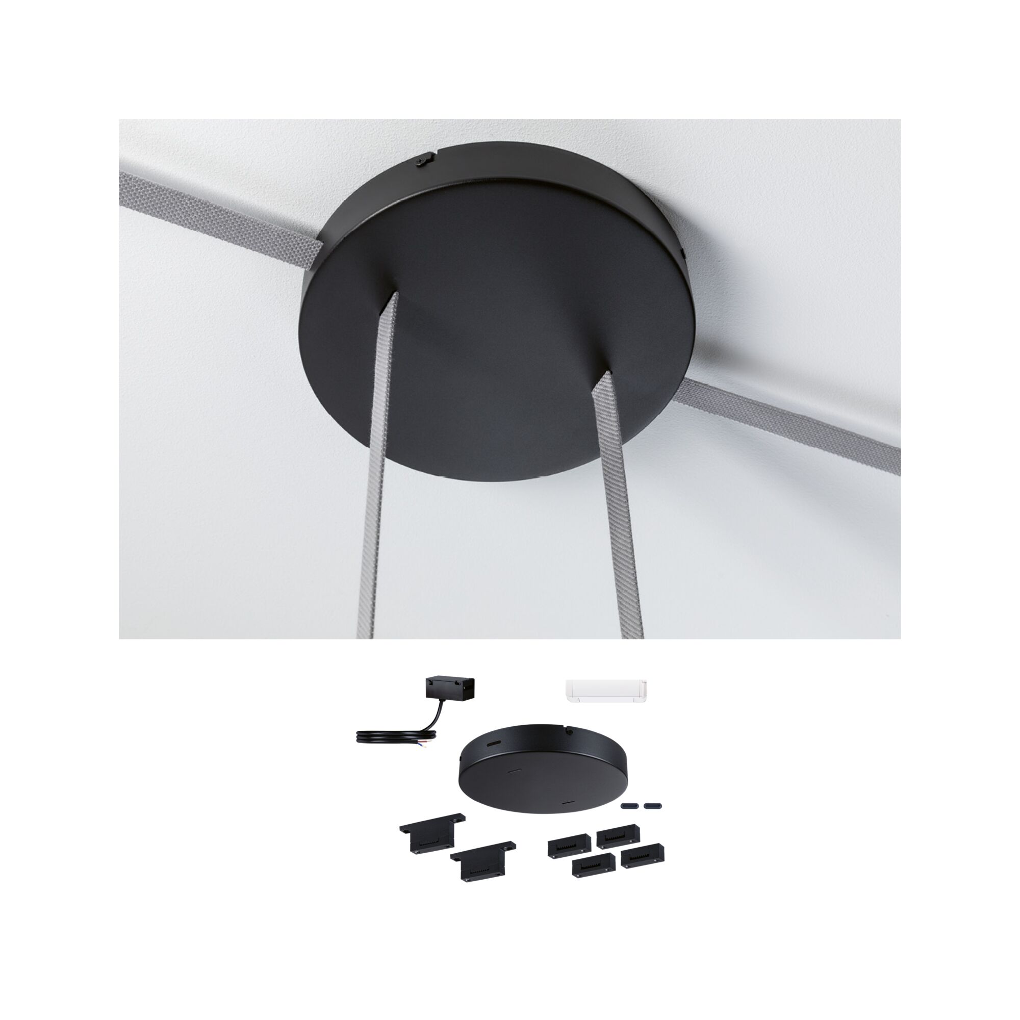 ULine Toebehoren Installatieset 230/48V max. 60W Zwart Zwarte ronde metalen plafondhouder met grijze kabels en montagemateriaal voor LED-verlichting.