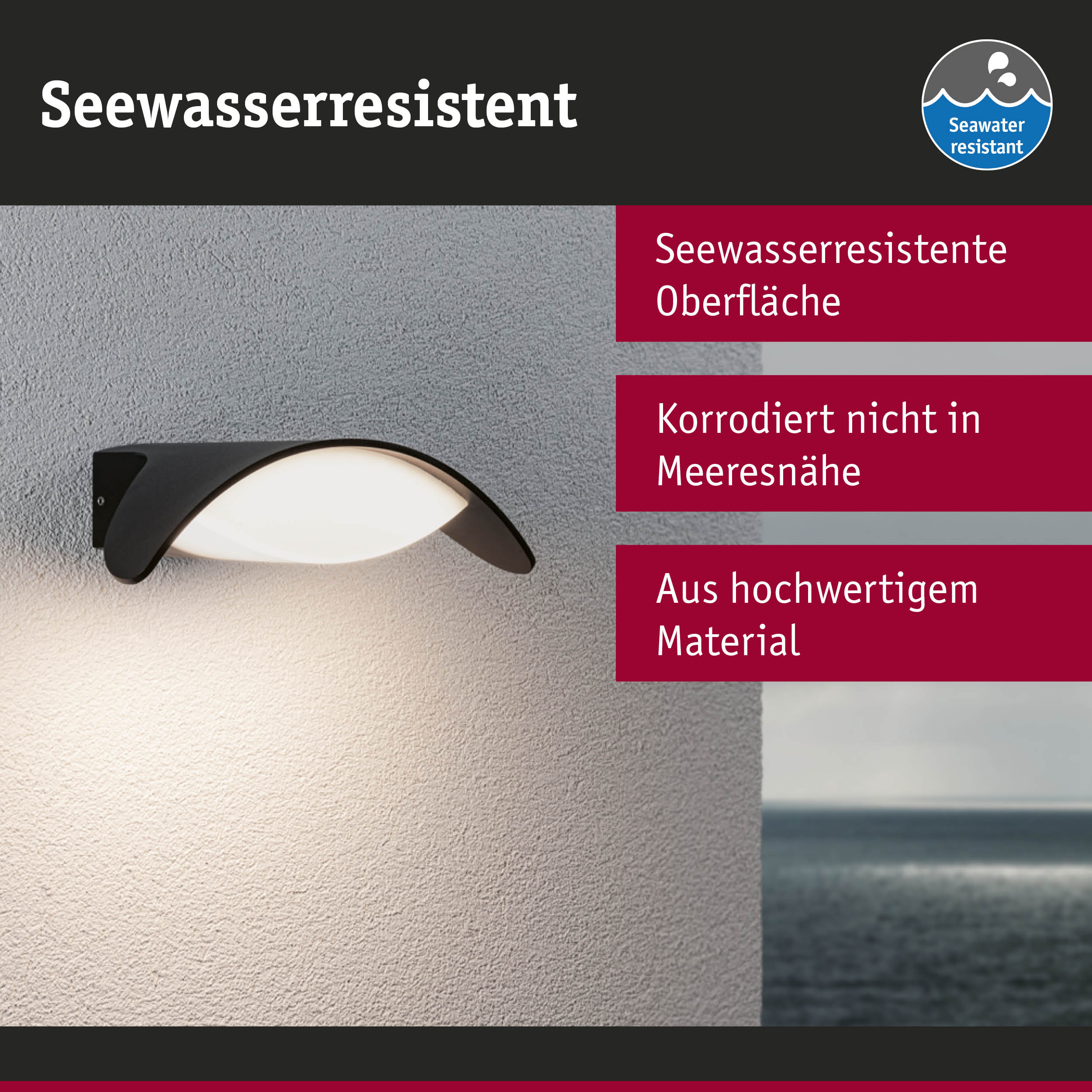 Schwarze Wandlampe mit seewasserresistenter Oberfläche, geeignet für Außenbereiche am Meer.