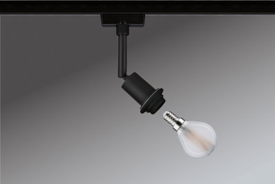 Spot LED noir sur rail avec adaptateur de douille amovible et ampoule transparente