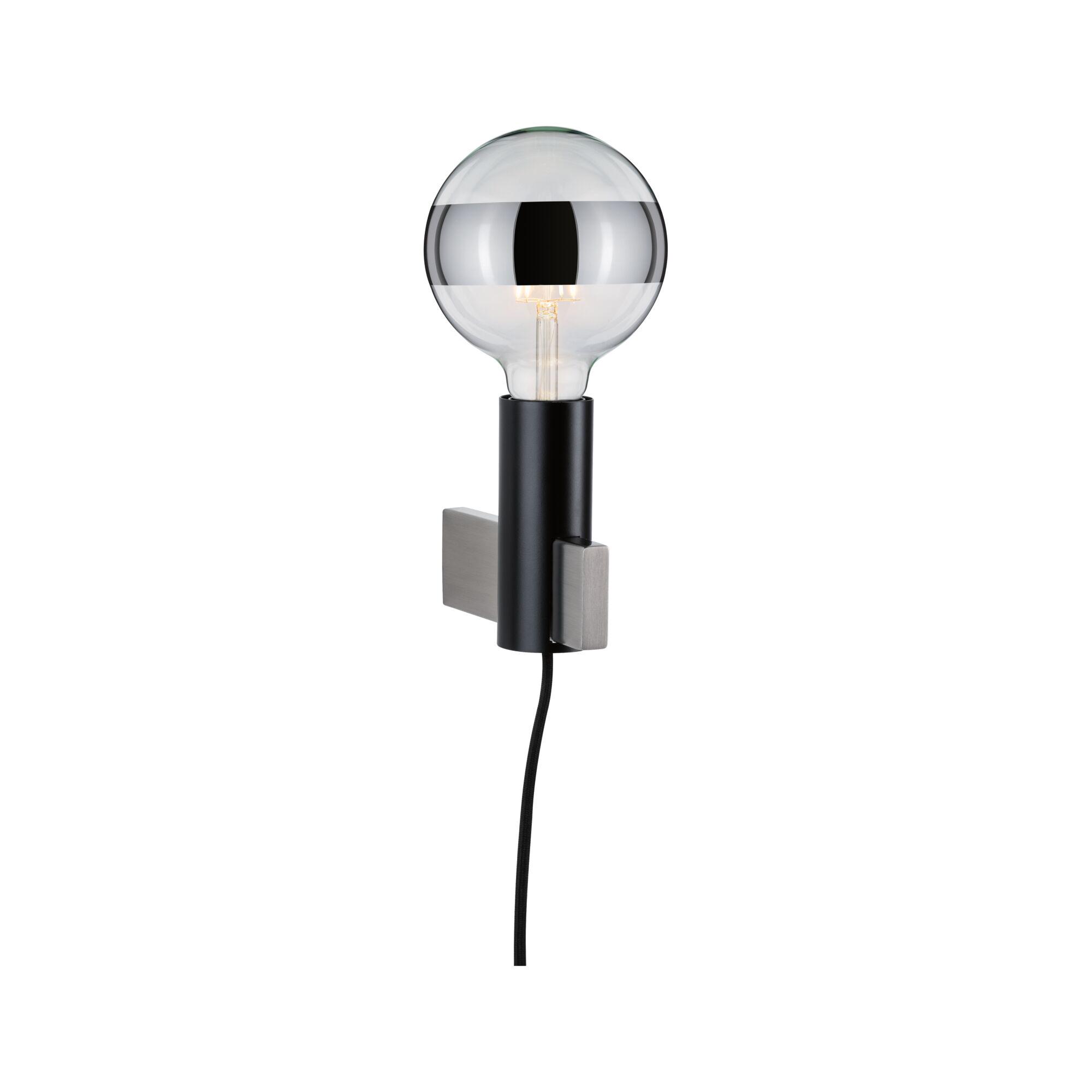 Modern wall lamp with black metal arm and clear bulb featuring a silver band design