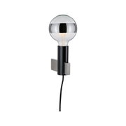 Modern wall lamp with black metal arm and clear bulb featuring a silver band design