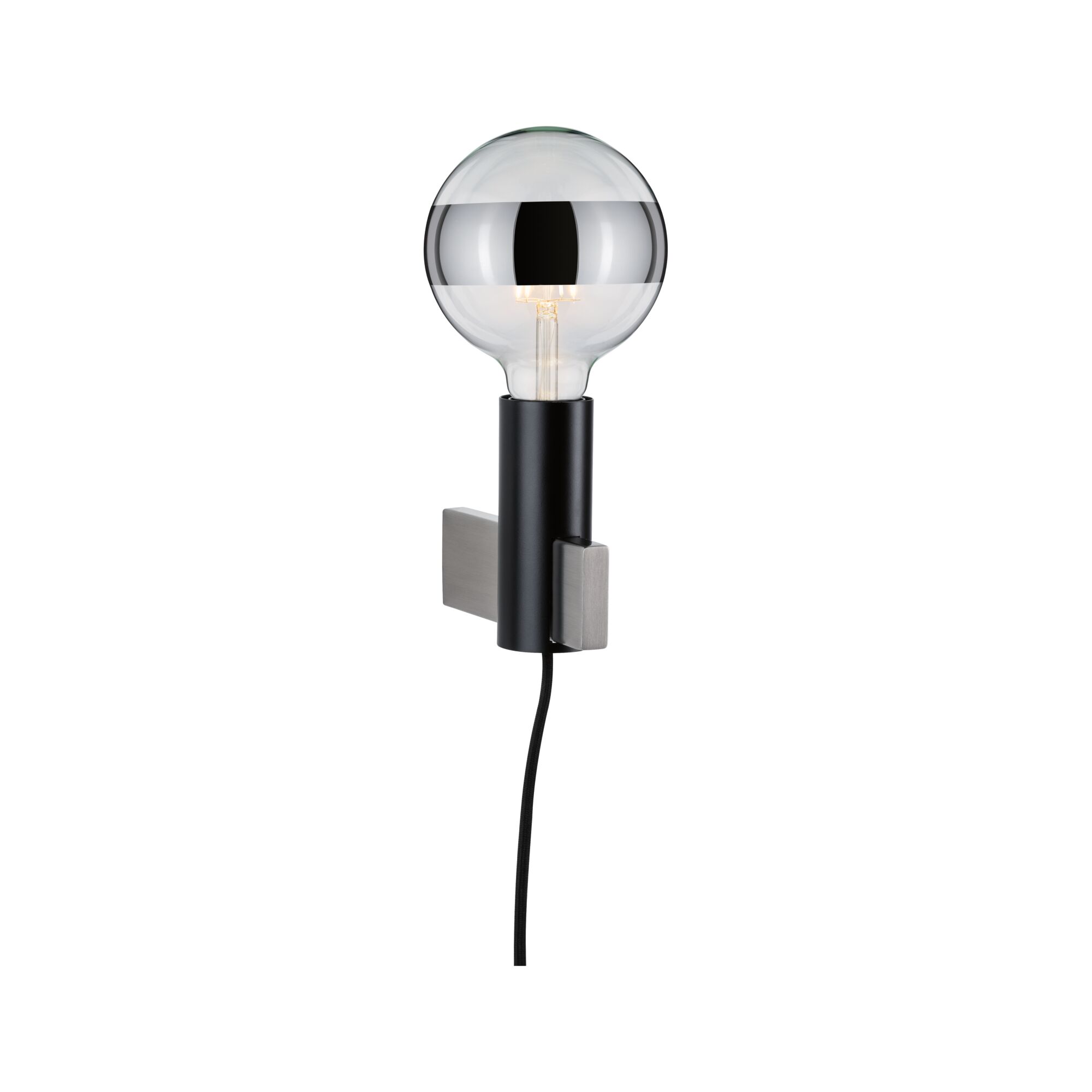 Modern wall lamp with black metal arm and clear bulb featuring a silver band design