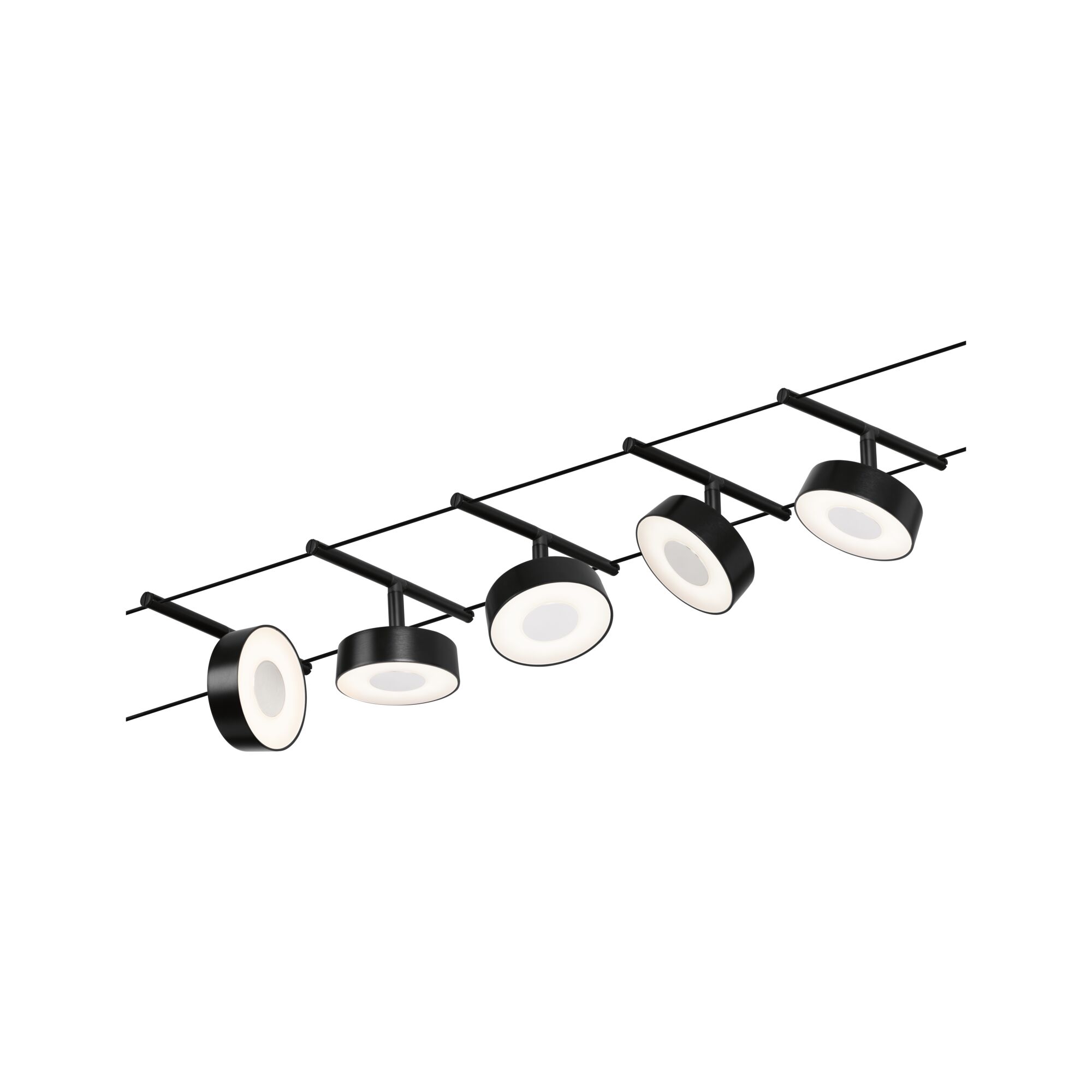 Black LED cable lighting with five round spotlights and warm white light for modern interiors