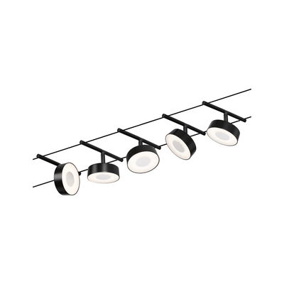 Black LED cable lighting with five round spotlights and warm white light for modern interiors