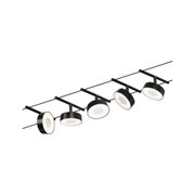 Éclairage sur câble LED noir avec cinq spots ronds et lumière blanc chaud pour intérieurs modernes