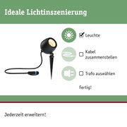 Schwarze LED-Gartenleuchte mit Erdspieß und Kabel für flexible Außenbeleuchtung.