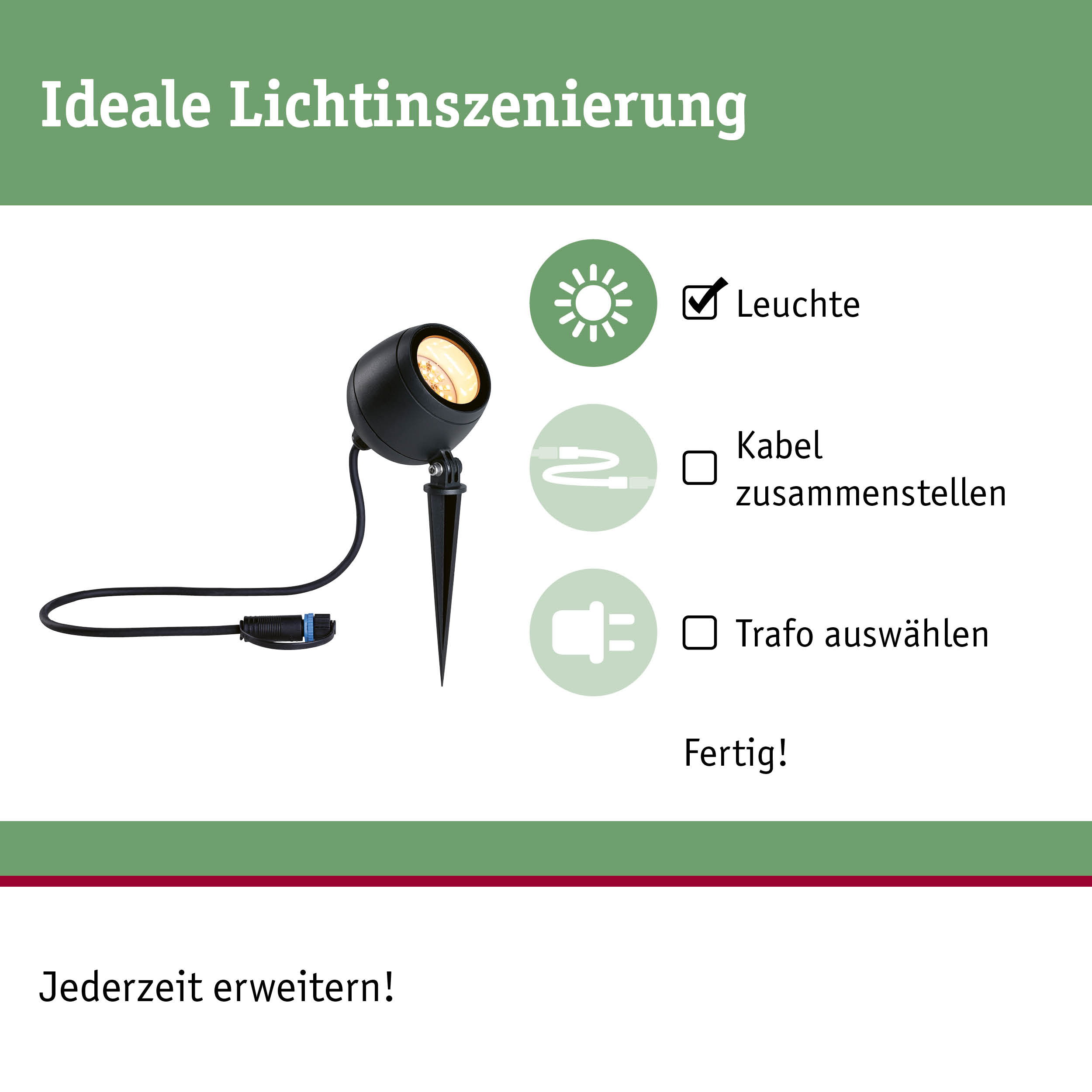 Schwarze LED-Gartenleuchte mit Erdspieß und Kabel für flexible Außenbeleuchtung.