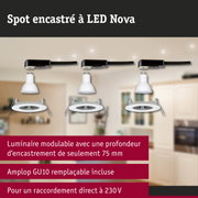 Spot encastré LED modulable Nova avec profondeur d'encastrement de 75 mm et douille GU10 remplaçable 230V