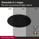 Black round LED ceiling light with 3-step dimming and warm white light featuring memory effect