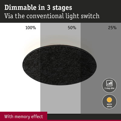 Black round LED ceiling light with 3-step dimming and warm white light featuring memory effect