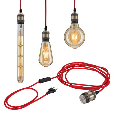 Vintage LED bulbs with red fabric cable and metal socket for decorative lighting solutions
