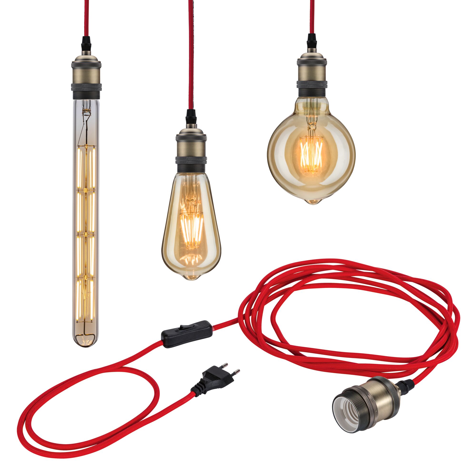 Vintage Pendelleuchten mit bronzefarbenen Fassungen und rotem Textilkabel für dekorative LED-Beleuchtung