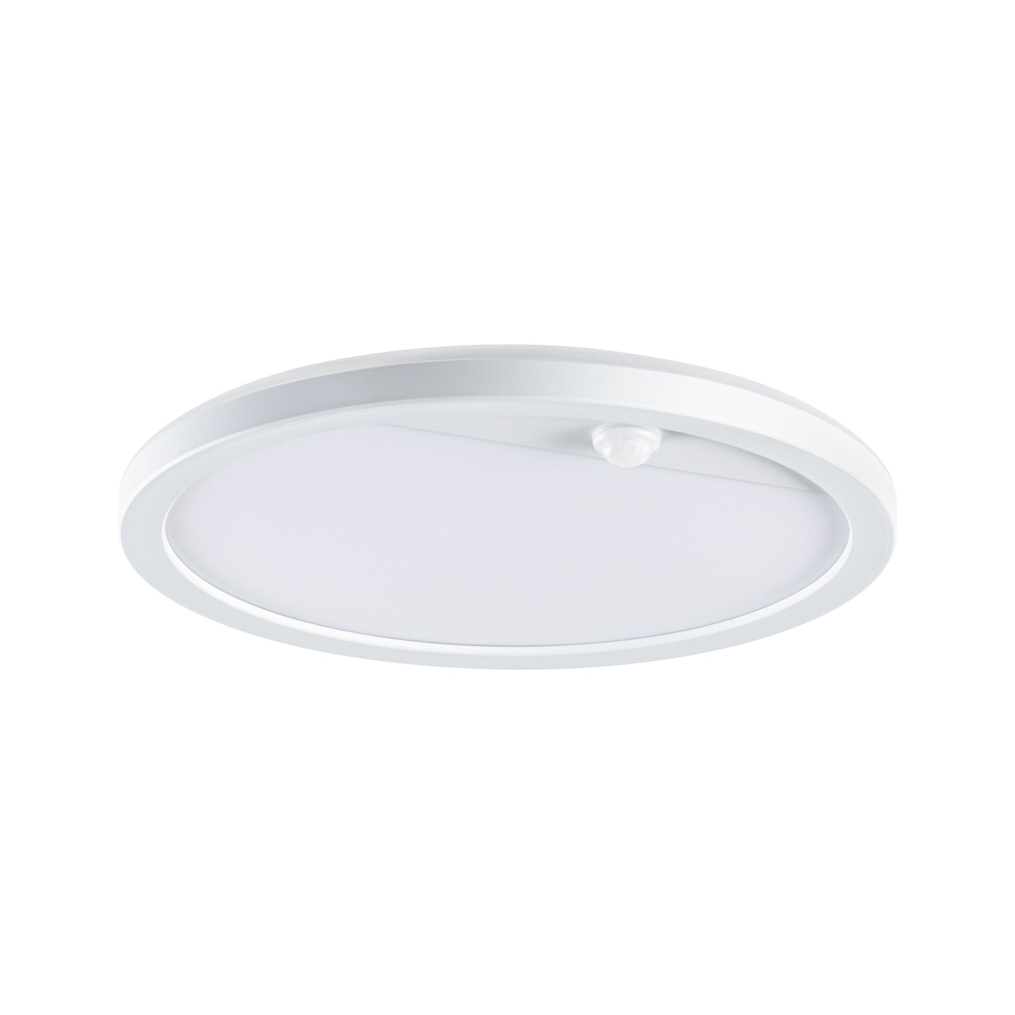 Round white LED ceiling light with motion sensor made of plastic for energy-efficient room lighting
