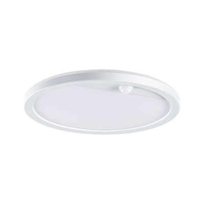 Round white LED ceiling light with motion sensor made of plastic for energy-efficient room lighting