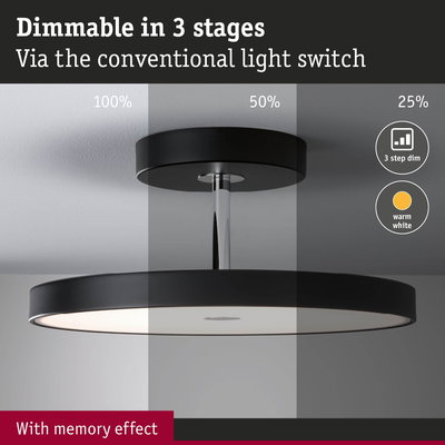 Zwarte LED-plafondlamp met dimbare warmwitte verlichting in drie standen en geheugeneffect