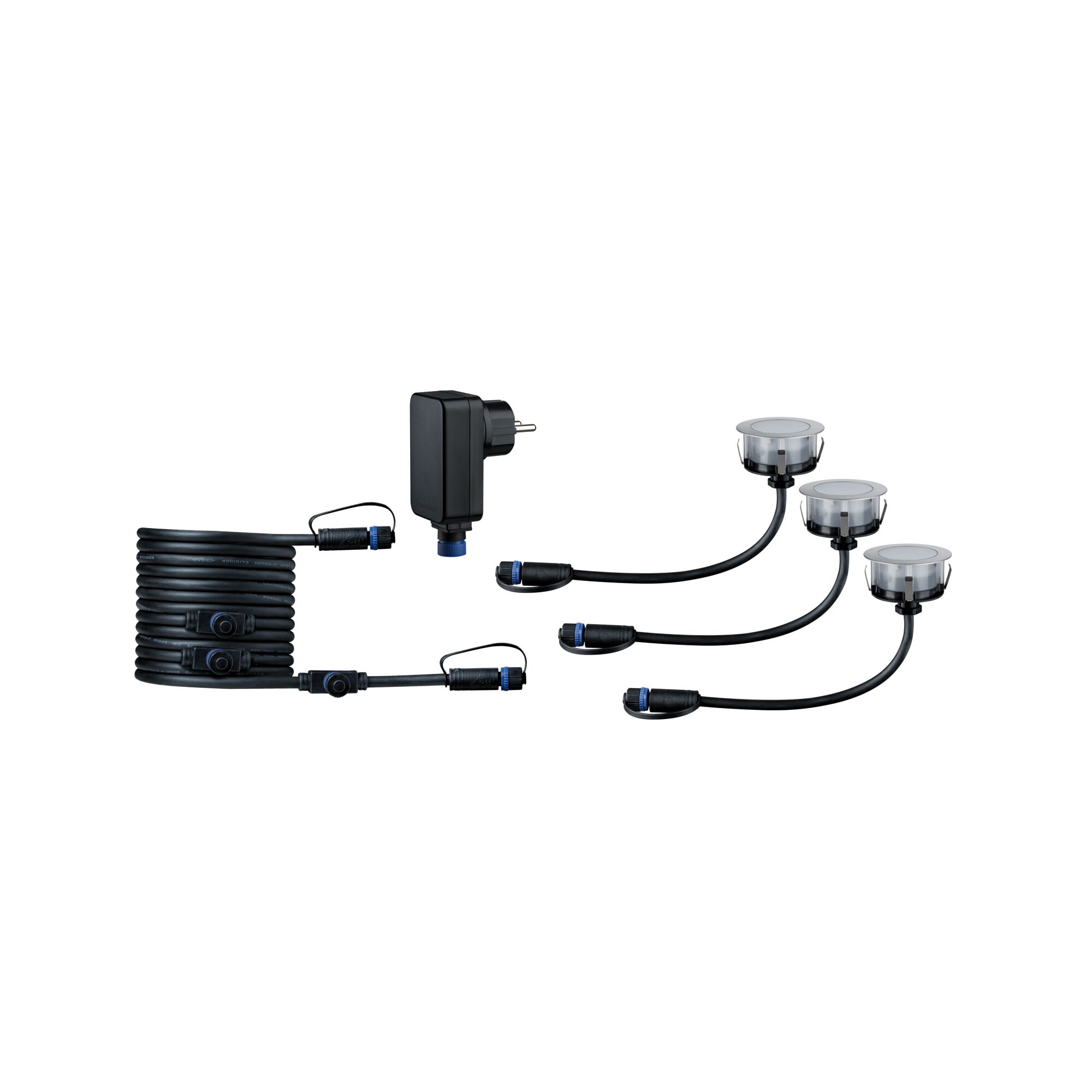Zwart LED-tuiverlichtset met drie inbouwspots en kabels voor buitenverlichting.
