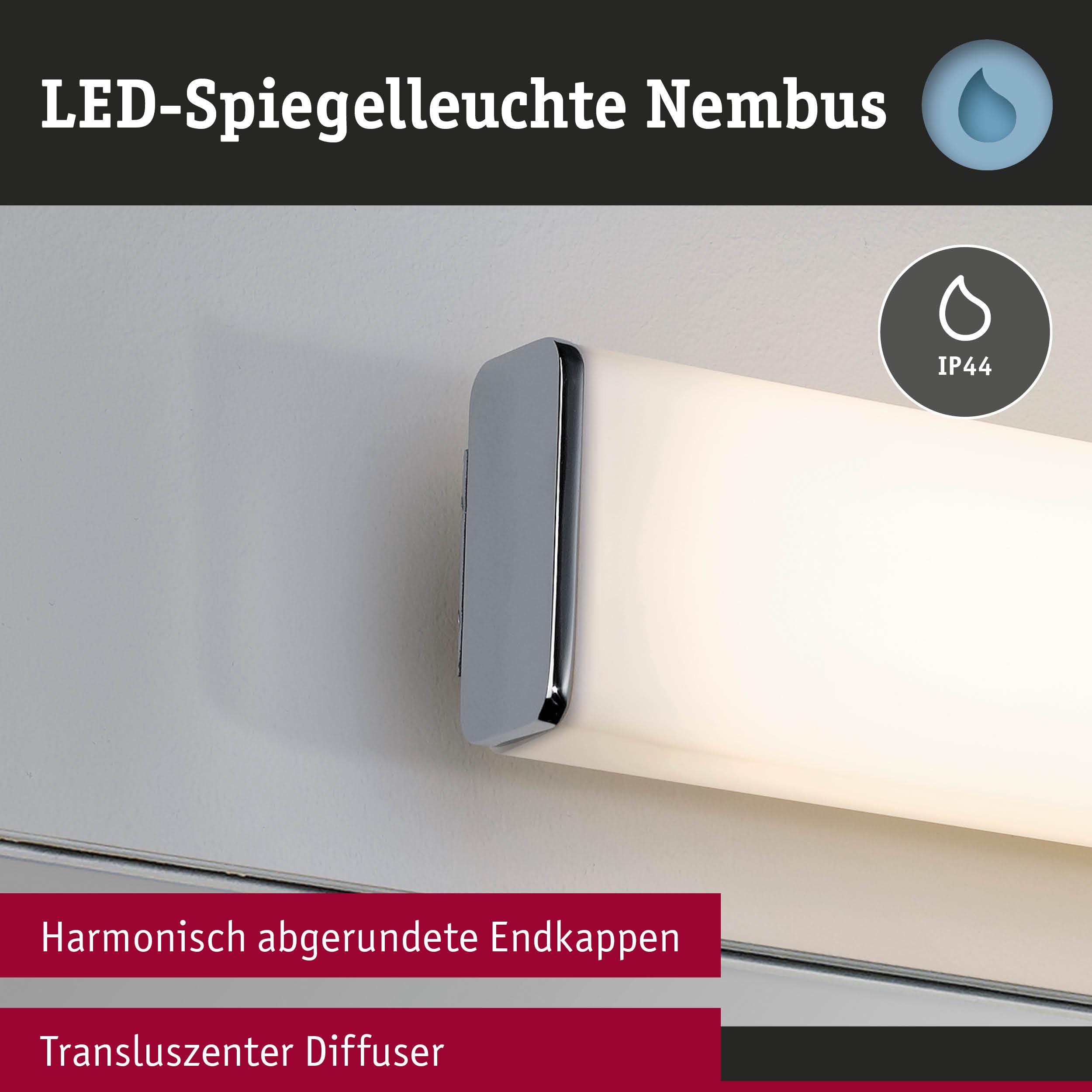 LED-Spiegelleuchte Nimbus mit harmonisch abgerundeten Endkappen und transluzentem Diffuser in Weiß für Badezimmer.