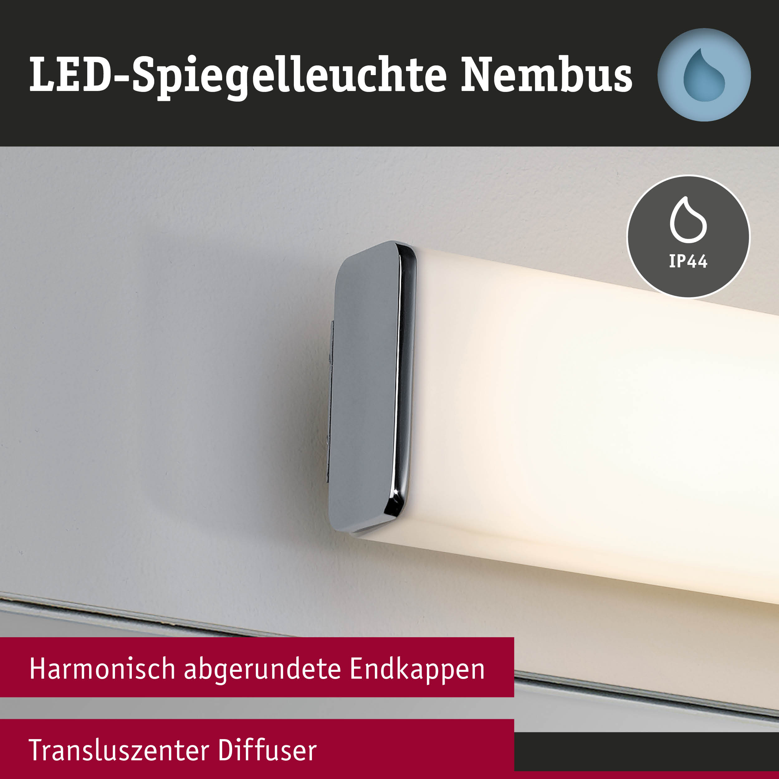 LED-Spiegelleuchte Nimbus mit chromfarbenem Gehäuse und transluzentem Diffuser für Badezimmerbeleuchtung