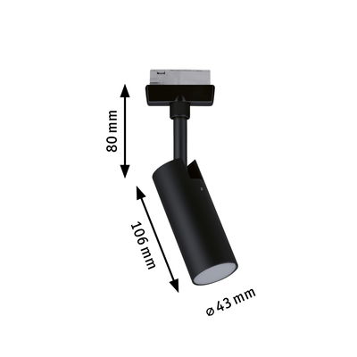 Schwarzer LED-Spot aus Metall mit 106 mm Länge und 43 mm Durchmesser für moderne Innenbeleuchtung