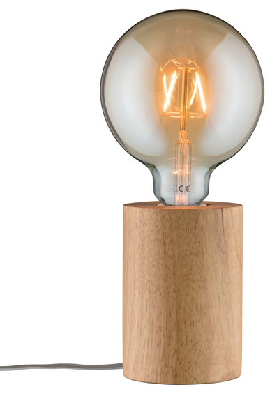 Lampe de table avec socle en bois et grande ampoule diffusant une lumière chaude et agréable