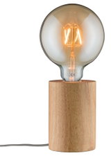 Tafellamp met houten voet en grote gloeilamp die warm licht geeft voor sfeervolle verlichting