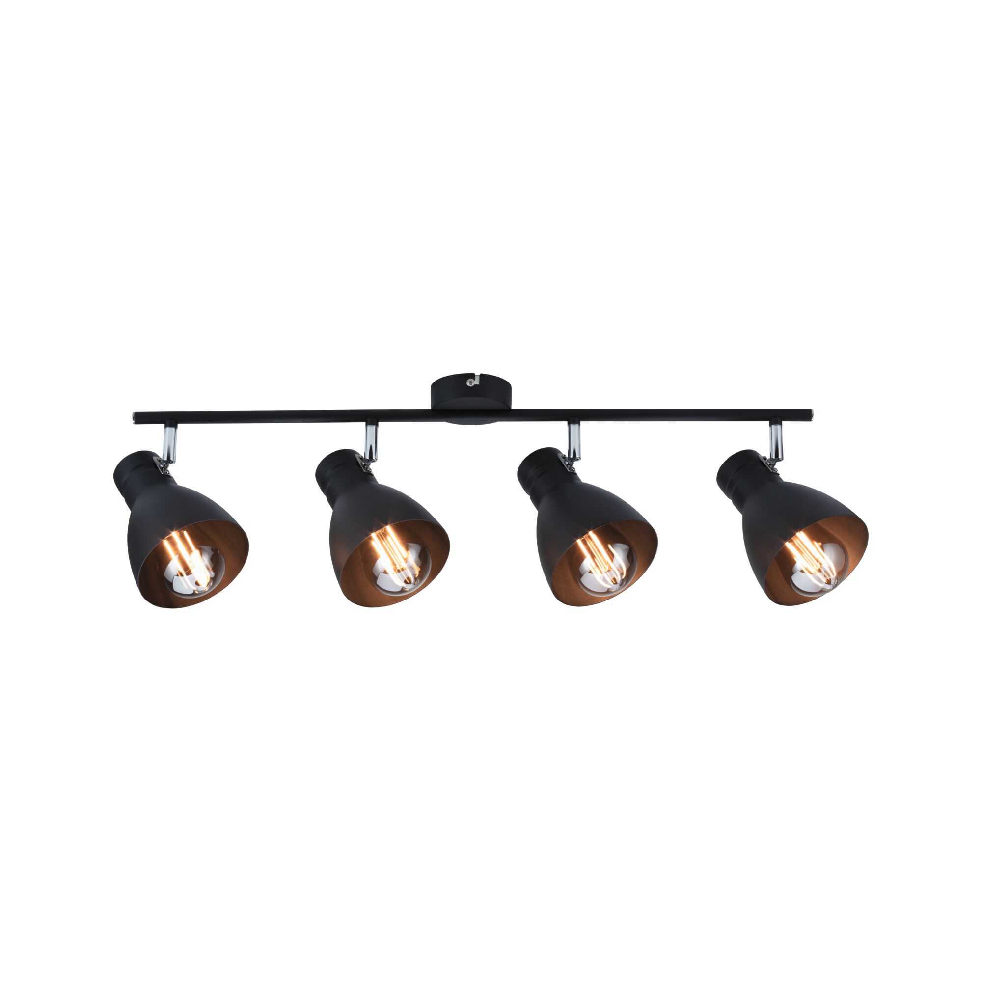 Zwart metalen plafondspot met vier lampen en warm wit LED-licht voor woonruimtes