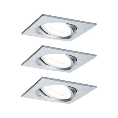 Three square recessed spotlights in brushed silver aluminum with warm white LED lighting