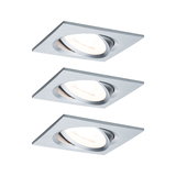 Three square recessed spotlights in brushed silver aluminum with warm white LED lighting
