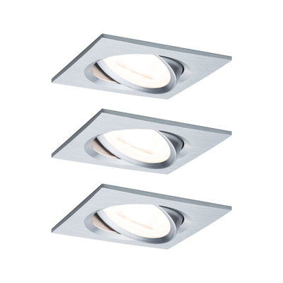 Three square recessed spotlights in brushed silver aluminum with warm white LED lighting